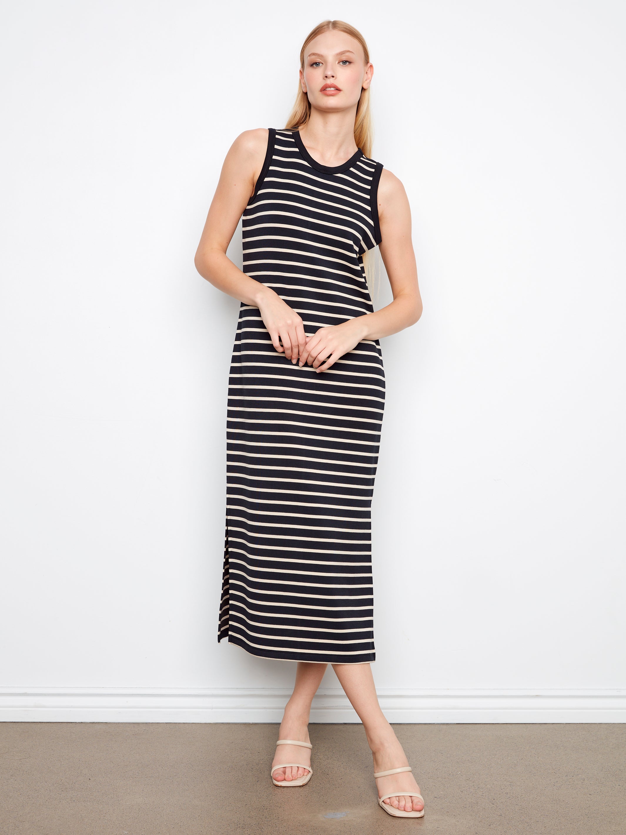 Scuba Sleeveless Striped Maxi Dress Black