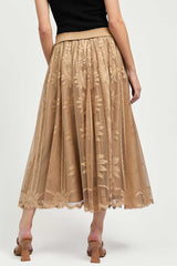 Floral Embroidered Mesh Midi Skirt Tan