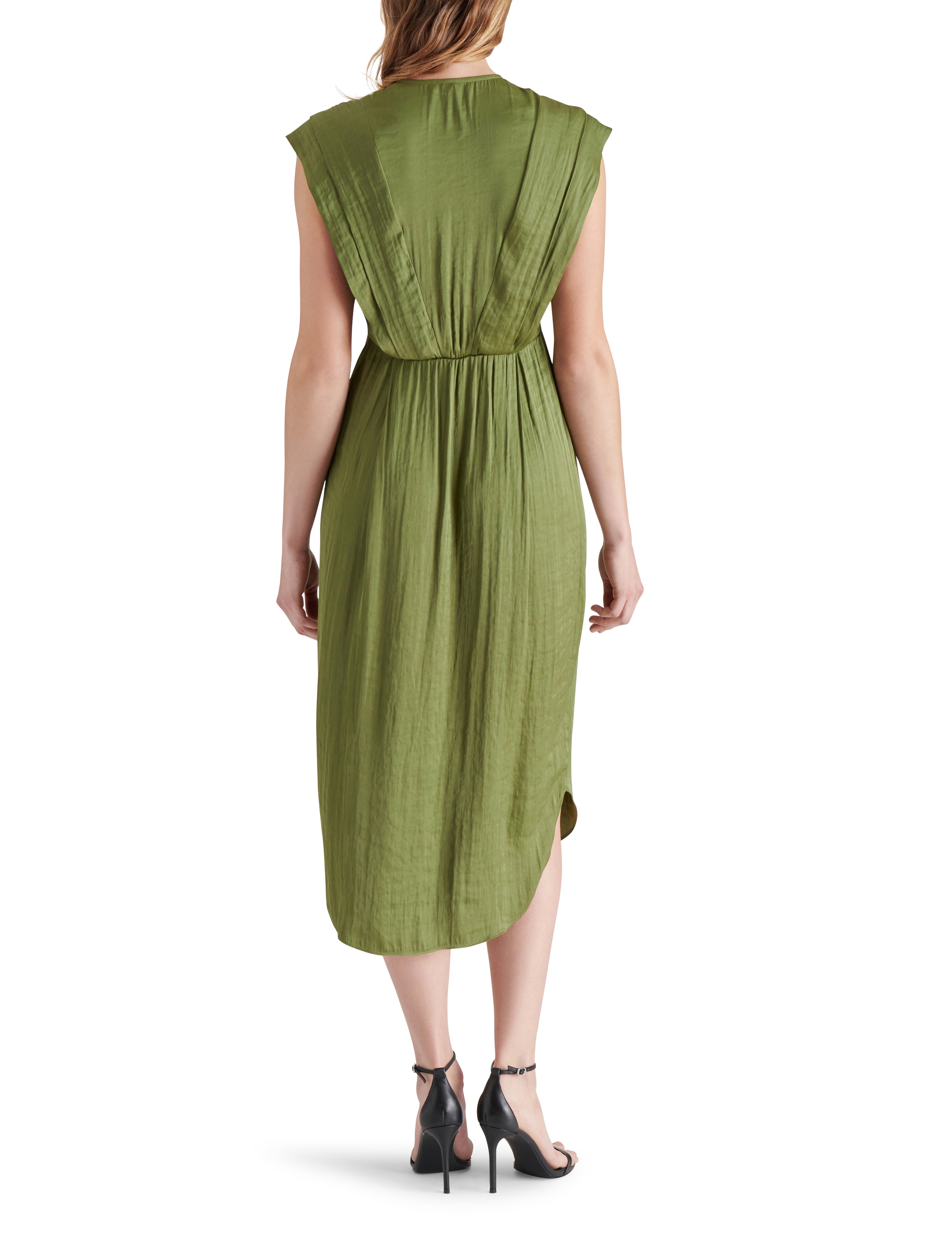 Clarissa Sleeveless Pleat Detail Satin Midi Dress Burnt Olive