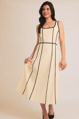 Square Neck Contrast Piping Flare Hem Dress Cream + Black