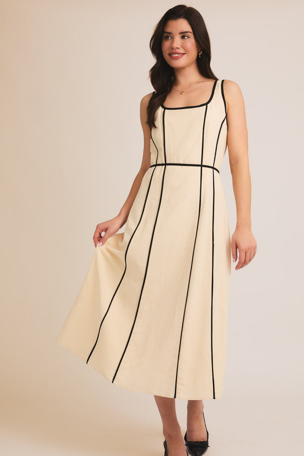 Square Neck Contrast Piping Flare Hem Dress Cream + Black