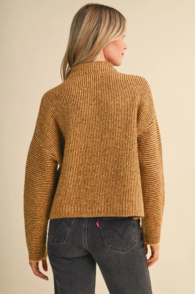 Colored Buttons Two Tone Mock Neck Cardi Mustard Brown