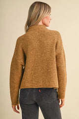 Colored Buttons Two Tone Mock Neck Cardi Mustard Brown