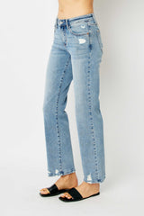 Destructed Detail High Rise Straight Leg Jeans Medium
