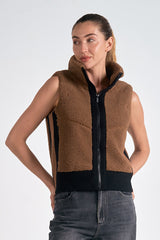 Sherpa Contrast Moto Zip Vest Dark Tan