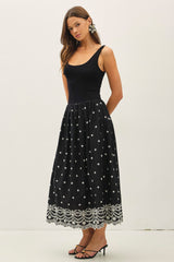 Embroidered Scallop Edge Midi Dress Black