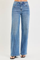 High Rise Wide Leg Studded Jeans Medium