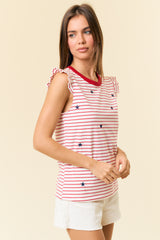 Sleeveless Ruffle Star Emb. Stripe Top Off White + Red