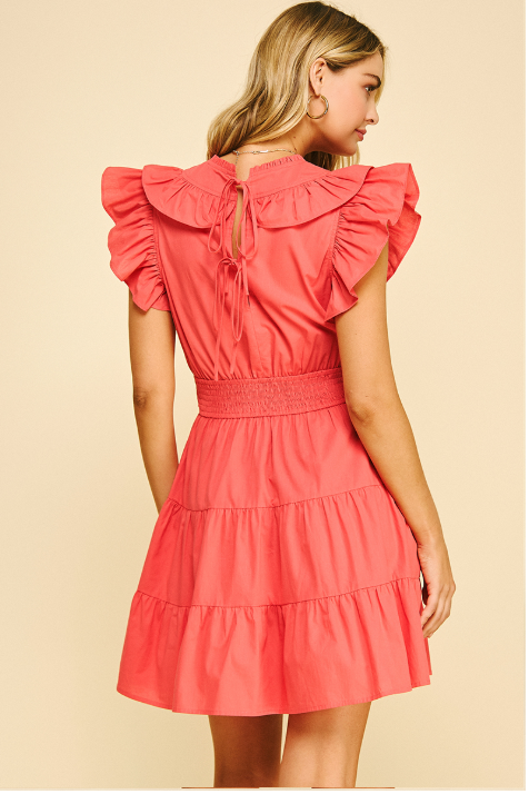 Double Ruffled Sleeve Tiered Mini Dress Coral