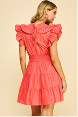 Double Ruffled Sleeve Tiered Mini Dress Coral