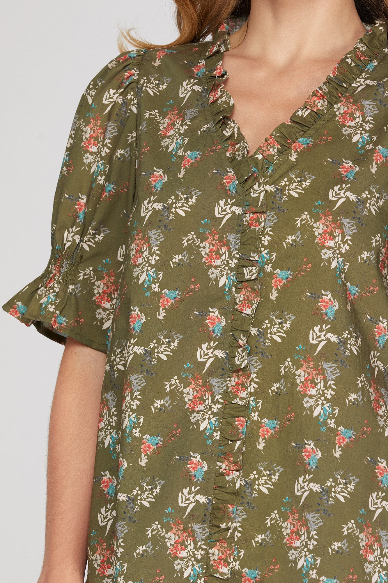 Short Sleeve Ruffle Neck Ditsy Floral Top Olive