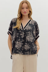 Floral Print Pullover Multicolor Band Dolman Top Black