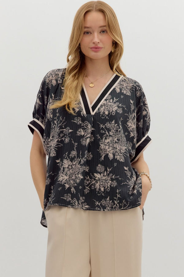 Floral Print Pullover Multicolor Band Dolman Top Black