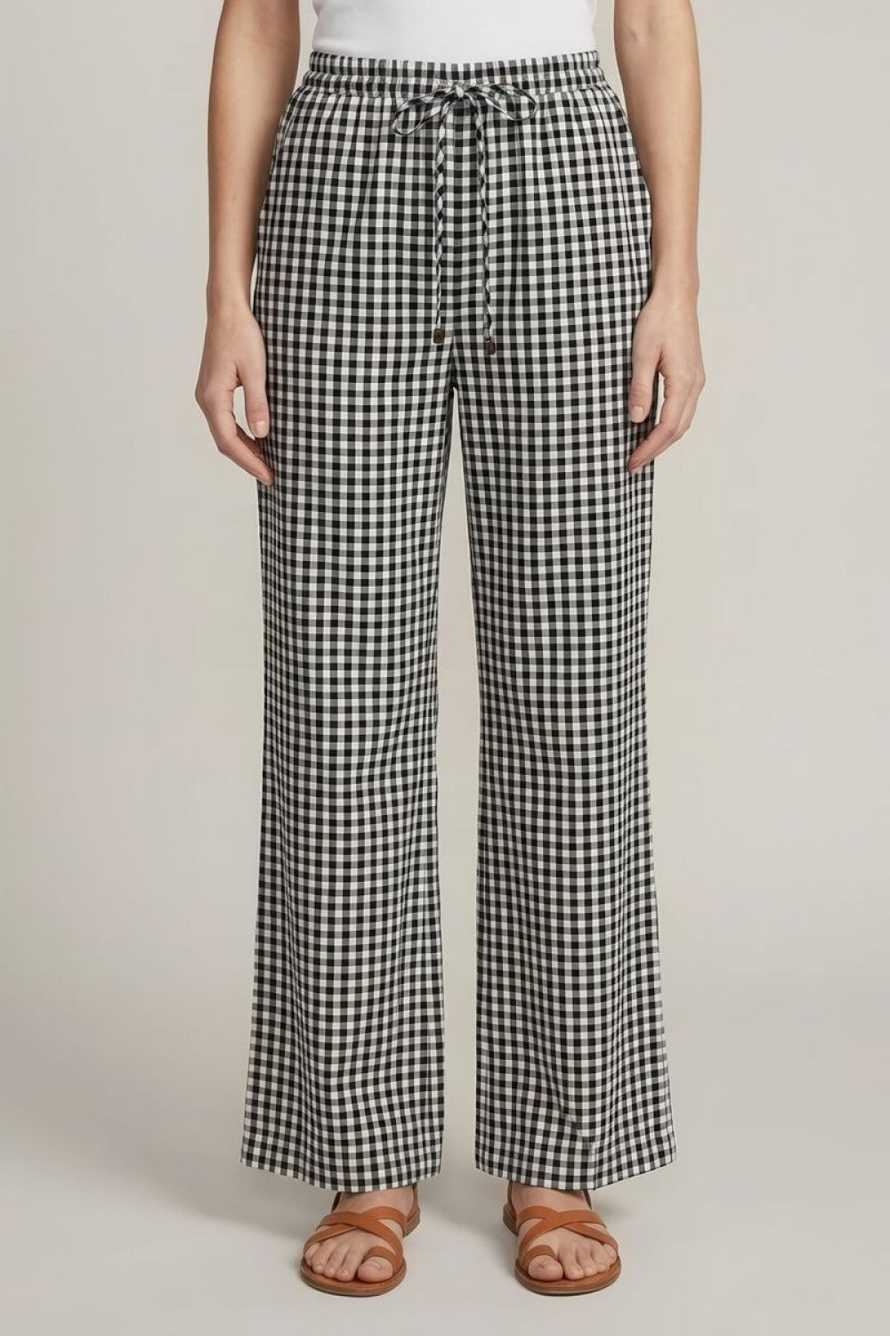 Gingham Wide Leg Elastic Waist Pants Black