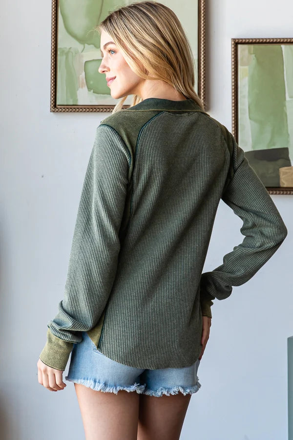 Washed Henley Zip Neck Waffle Top Olive