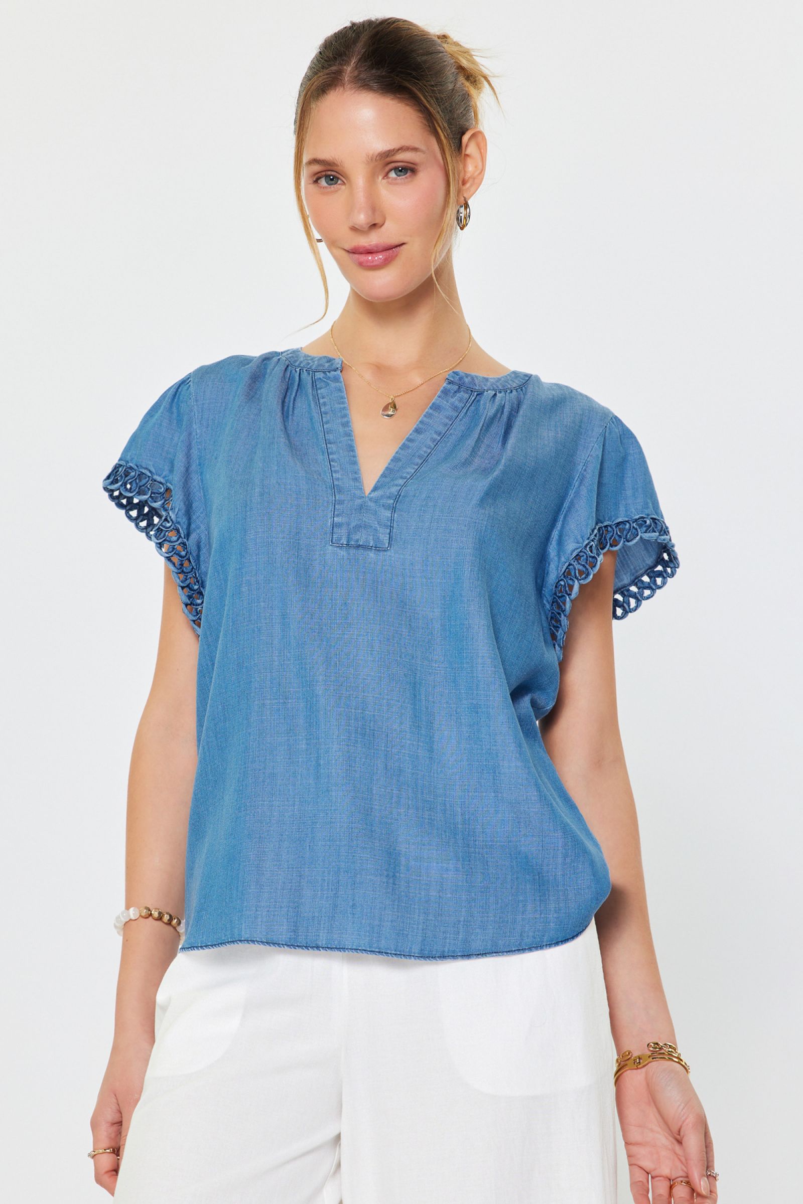 Chambray Crochet Edge Flutter Sleeve Split Neck Blouse Chambray