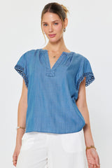 Chambray Crochet Edge Flutter Sleeve Split Neck Blouse Chambray