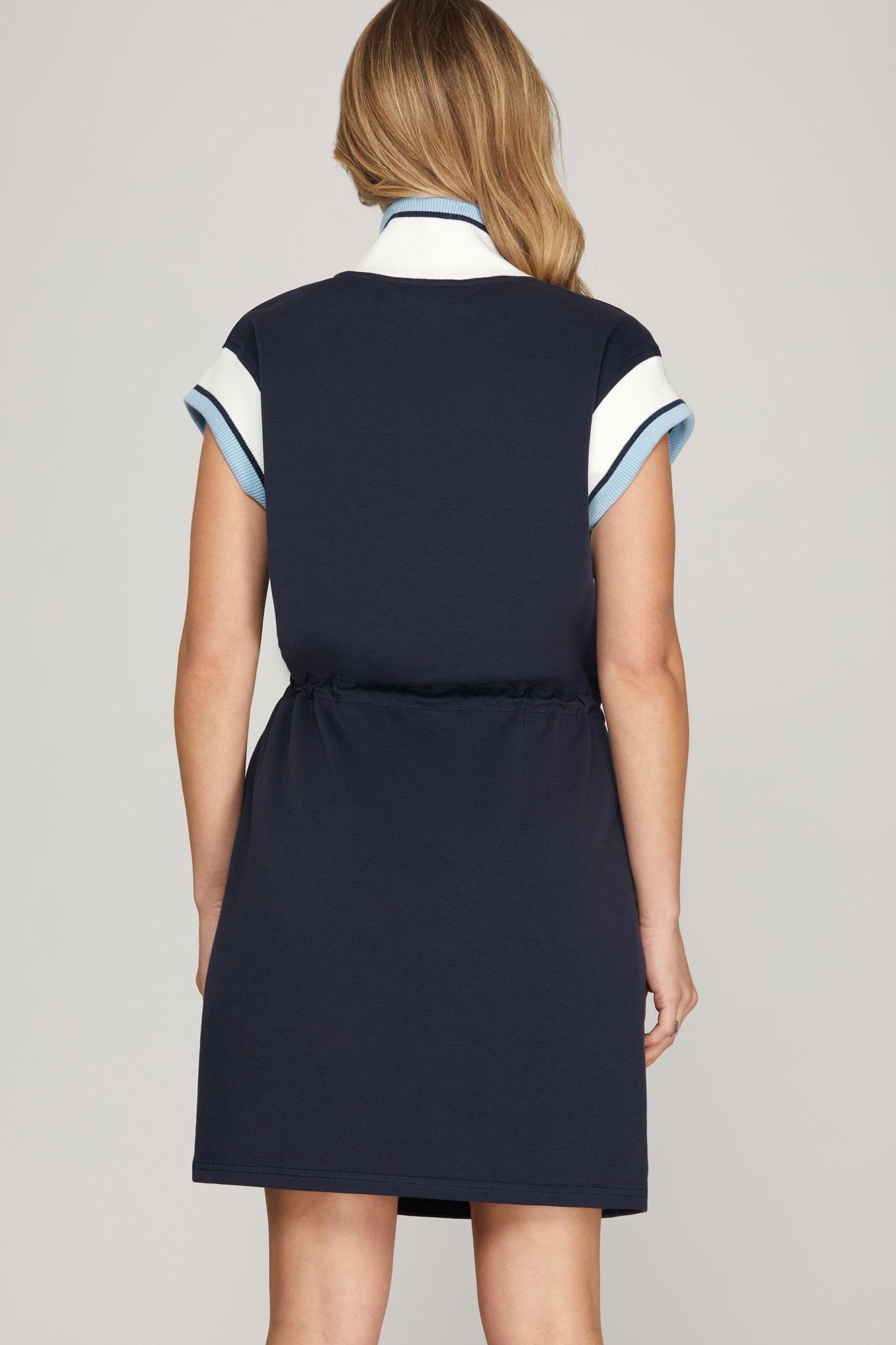 Contrast Rib Band Detail Half Zip Drawstring Mini Dress Navy