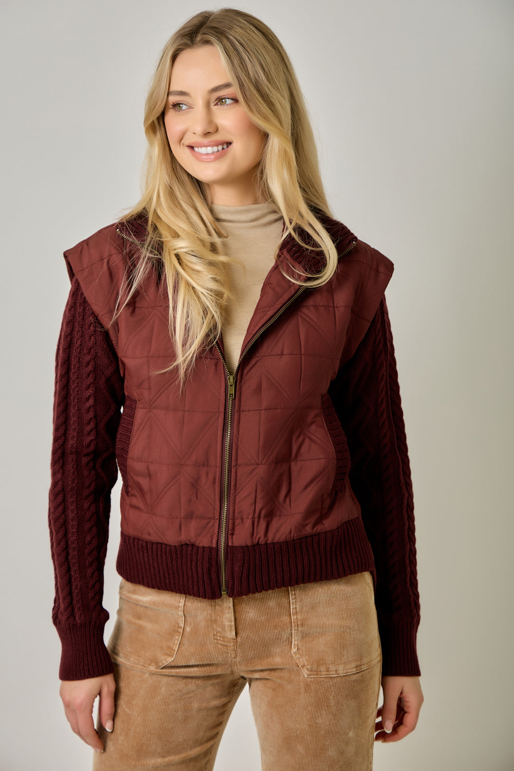 Quilted Knit Mixed Media Jacket Burgundy