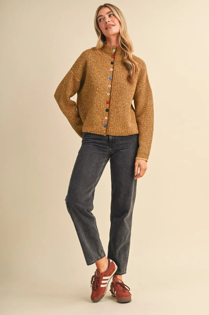 Colored Buttons Two Tone Mock Neck Cardi Mustard Brown