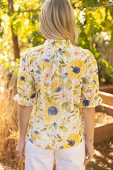 Ruffled Vneck Floral Print Embroidered Top Yellow