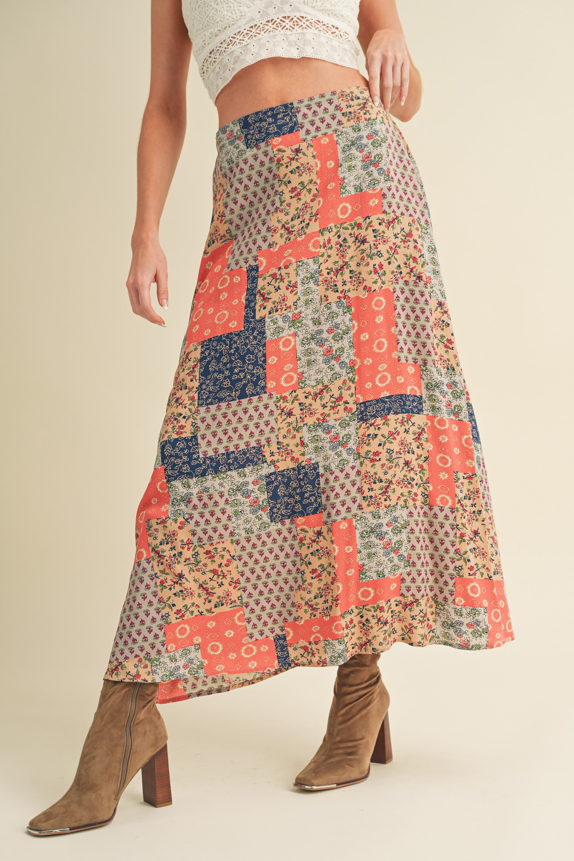 Brayden Patchwork Print Skirt Tan + Orange