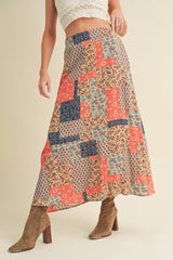 Brayden Patchwork Print Skirt Tan + Orange
