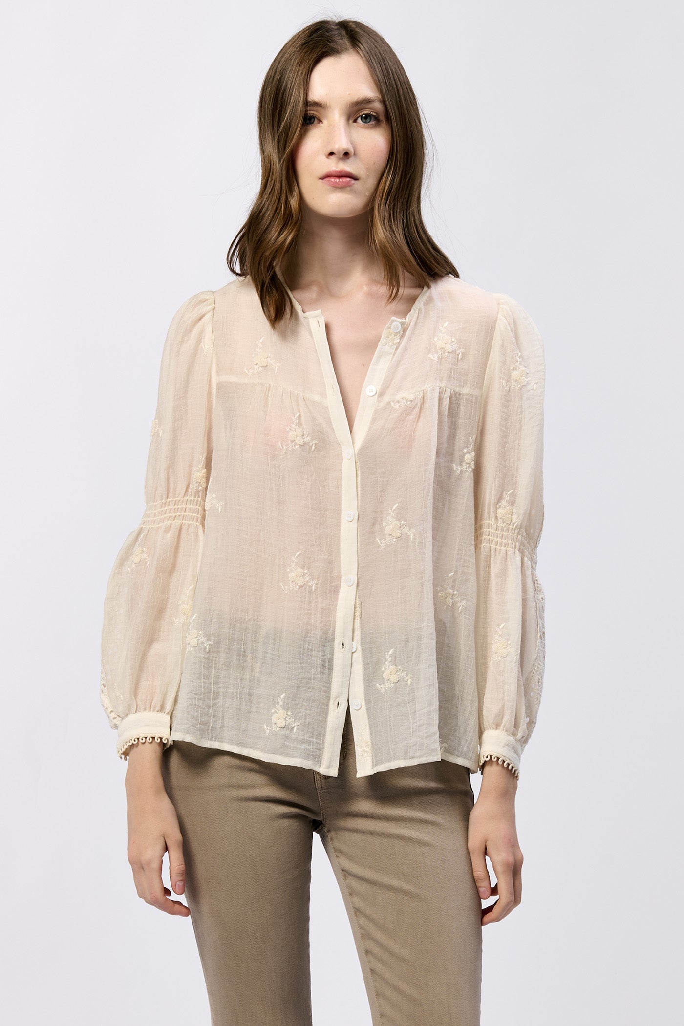 Anna Lisa Embroidered Smocked Long Sleeve Blouse Cream