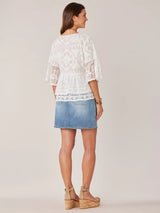 3/4 Bell Sleeve Double Flounce Peplum Emb. Top White