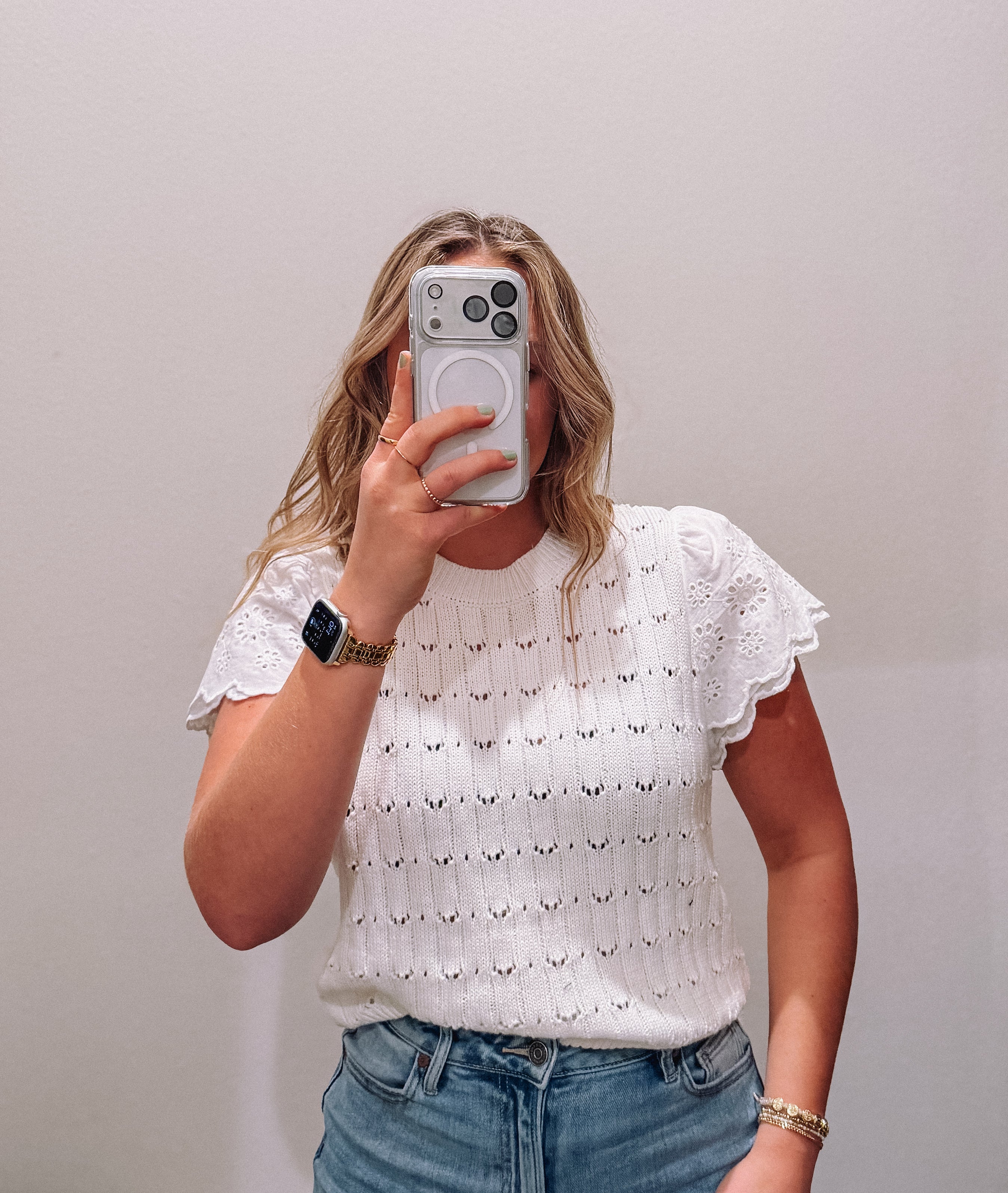 Eyelet Flutter Sleve Knit Top Off White