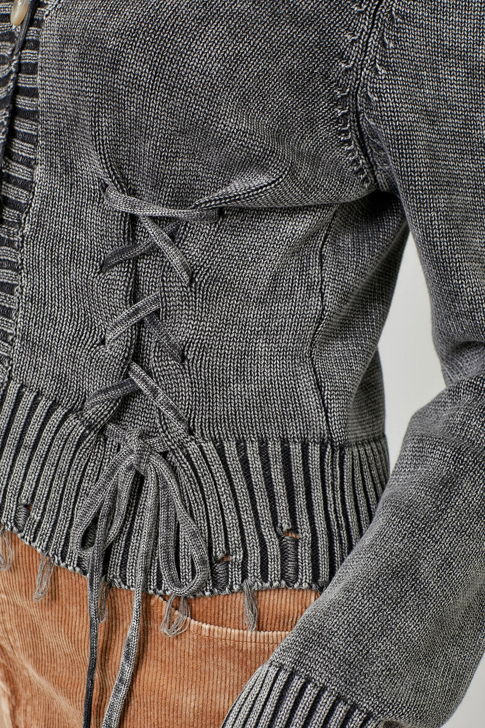 Washed Button Down Laced Side Detail Cardi Washed Black