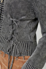 Washed Button Down Laced Side Detail Cardi Washed Black