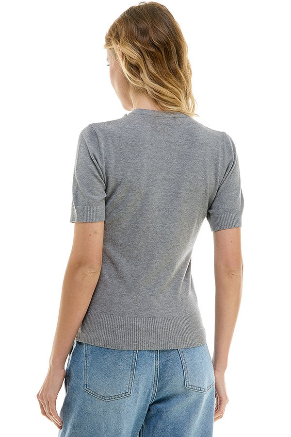Crystal Chain Neckline Short Sleeve Sweater Heather Grey