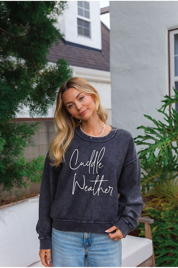 Cuddle Weather Script Cropped Thermal Vintage Pullover Charcoal