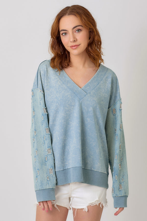 Denim Distressed Sleeve Mix Media Pullover