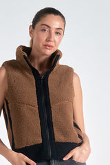 Sherpa Contrast Moto Zip Vest Dark Tan