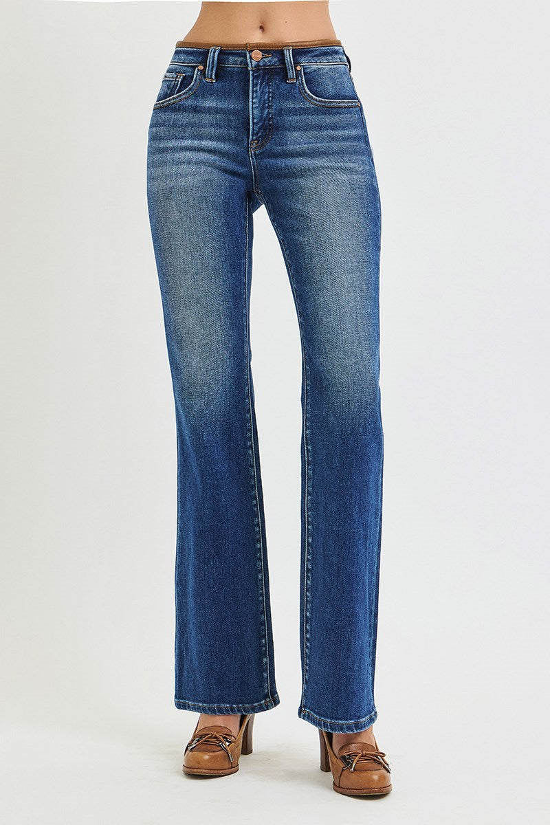 Leather Details Mid Rise Bootcut Jeans Dark