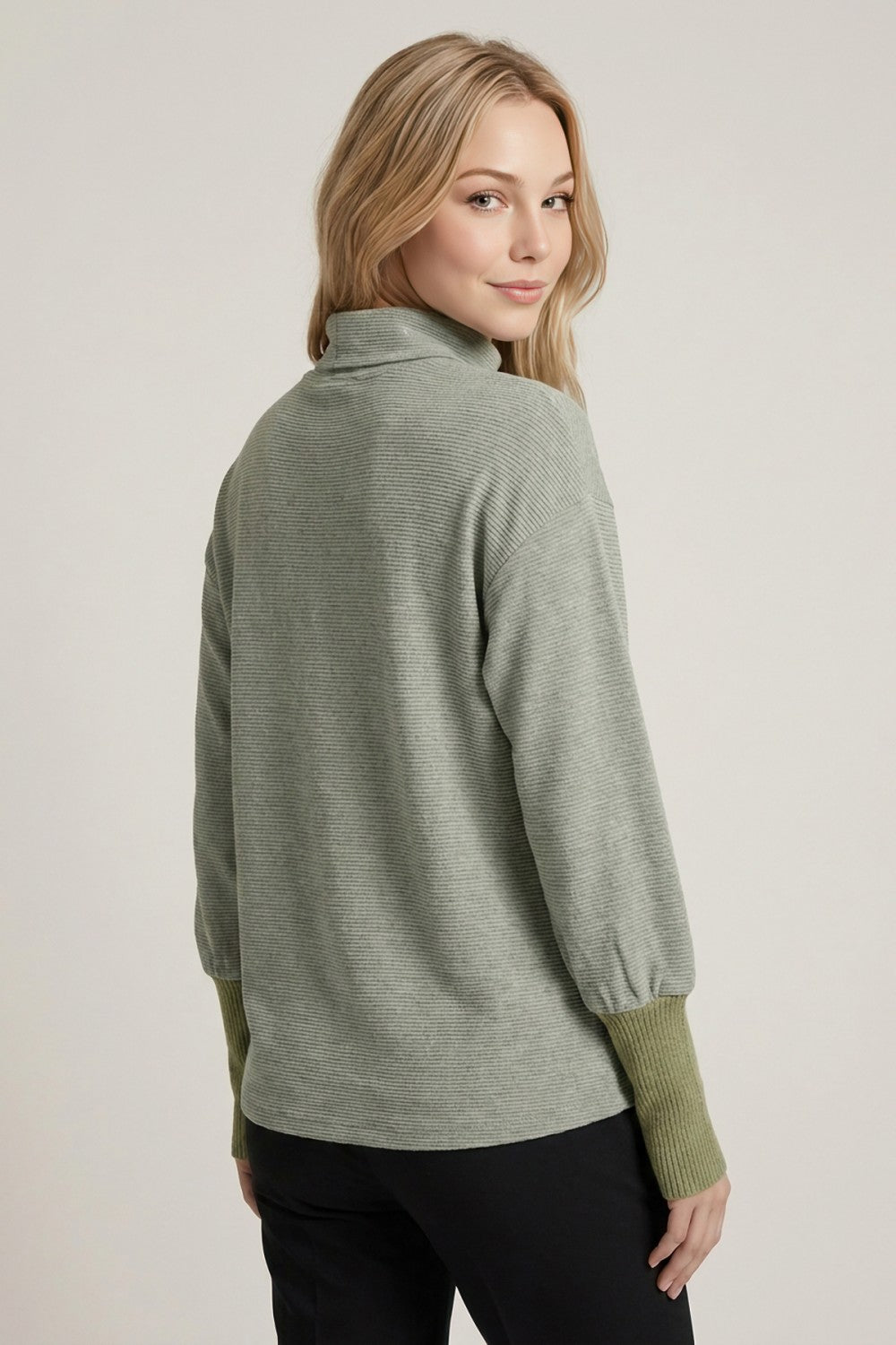 Pinstripe Cowl Mock Neck Long Sleeve Top Dusty Green