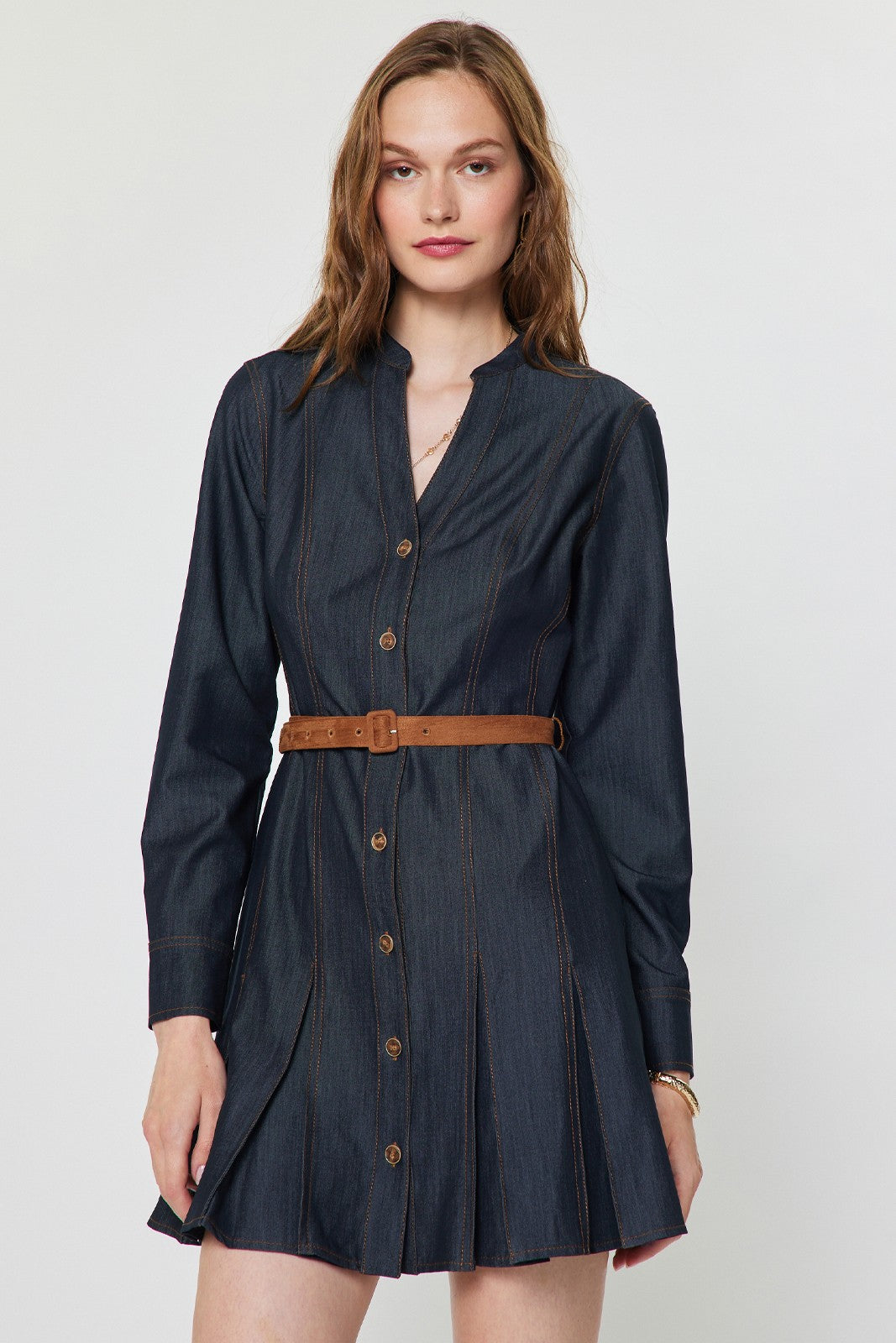 Pleated Detail Contrast Stitch Belted Denim Dress Dark Denim