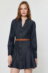 Pleated Detail Contrast Stitch Belted Denim Dress Dark Denim