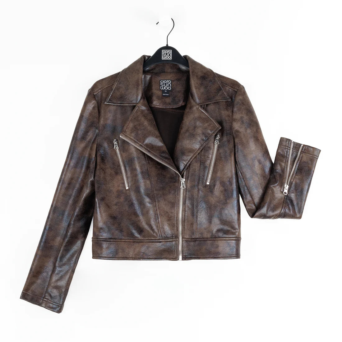 Distressed Zip Cuff Moto Waist Jacket Brown
