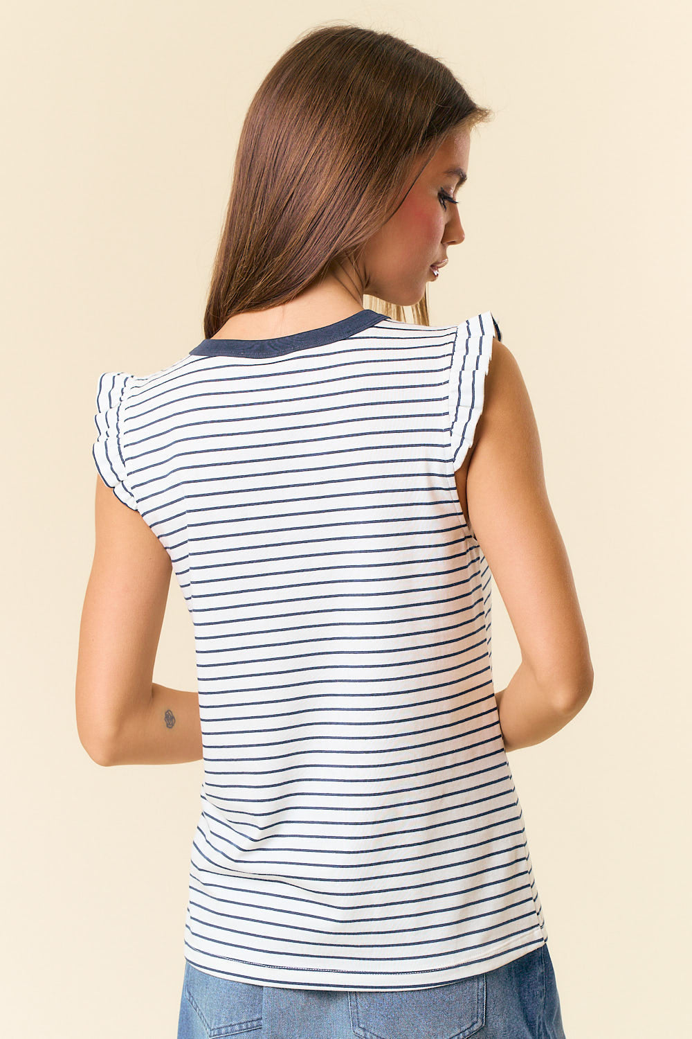 Sleeveless Ruffle Star Emb. Stripe Top Off White + Navy