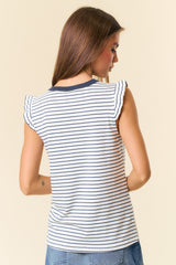 Sleeveless Ruffle Star Emb. Stripe Top Off White + Navy