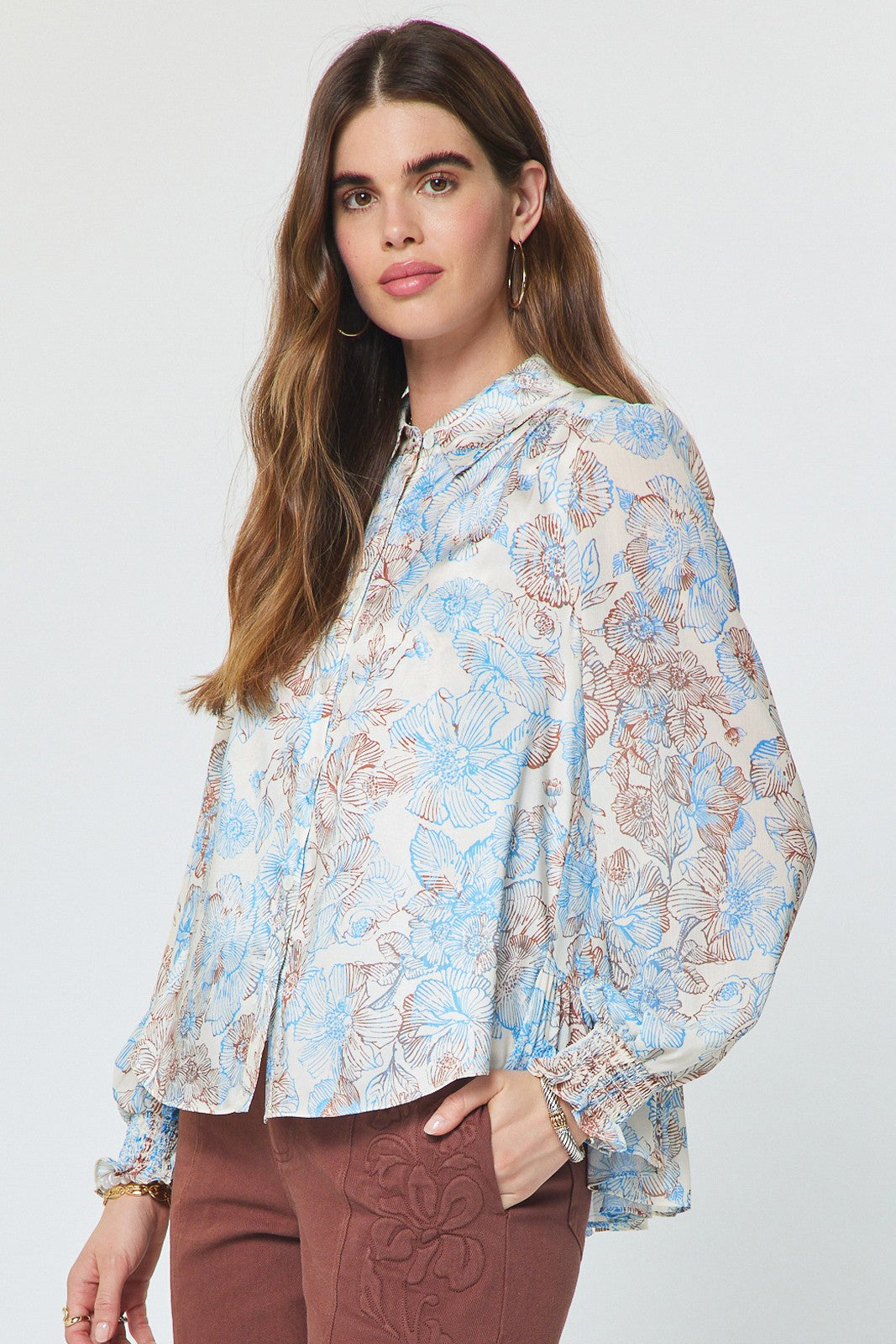Floral Printed Button Down Blouse Ivory Blue Multi