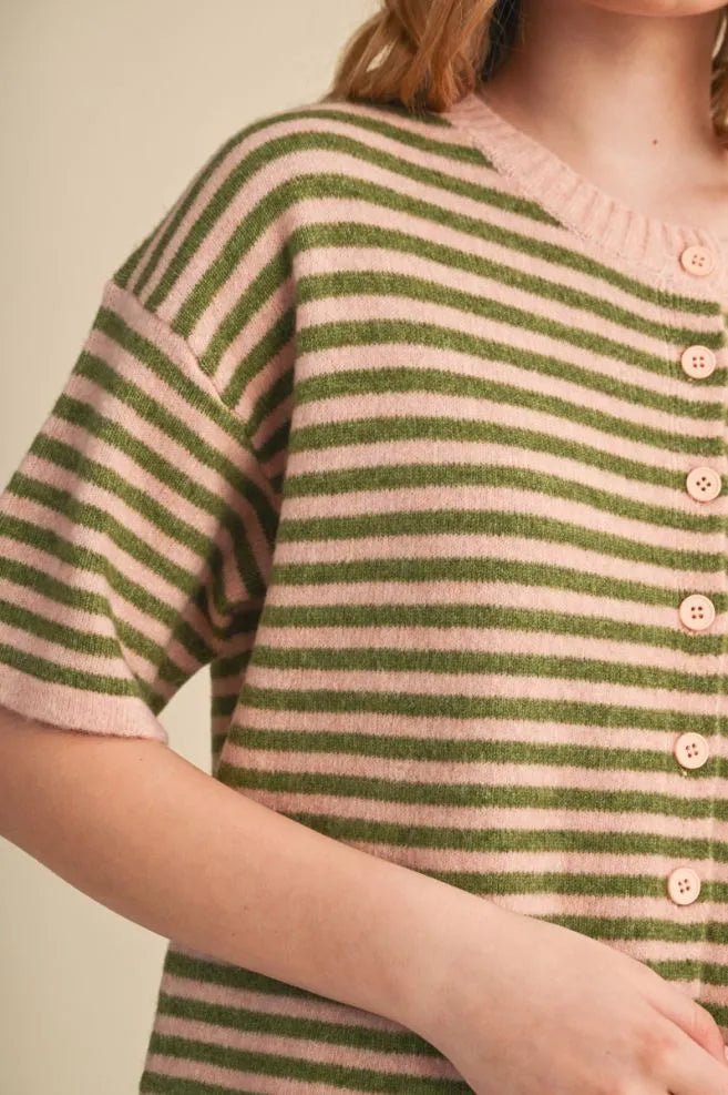 Short Sleeve Stripe Sweater Cardigan Rose Olive