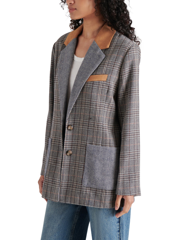 Rowina Plaid Mix Suede Collar Boyfriend Blazer Brown Plaid Mix