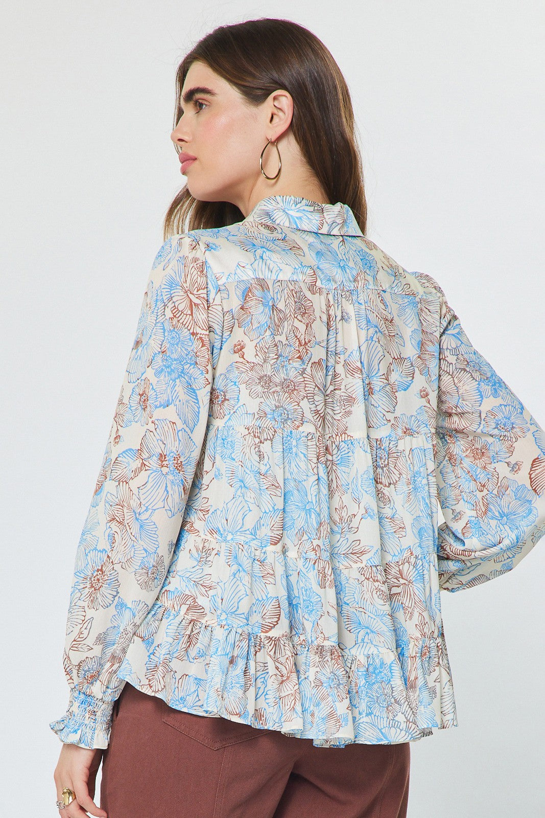 Floral Printed Button Down Blouse Ivory Blue Multi