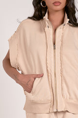 Cap Sleeve Oversize Zipper Vest Sand
