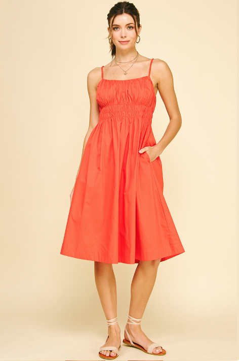 Scrunched Strap Smocked Detail Midi Dress Orange Red