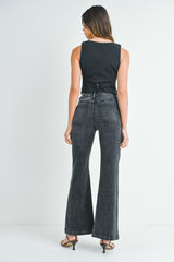 Mini Patch Pocket Wide Hem Flare Jeans Washed Black